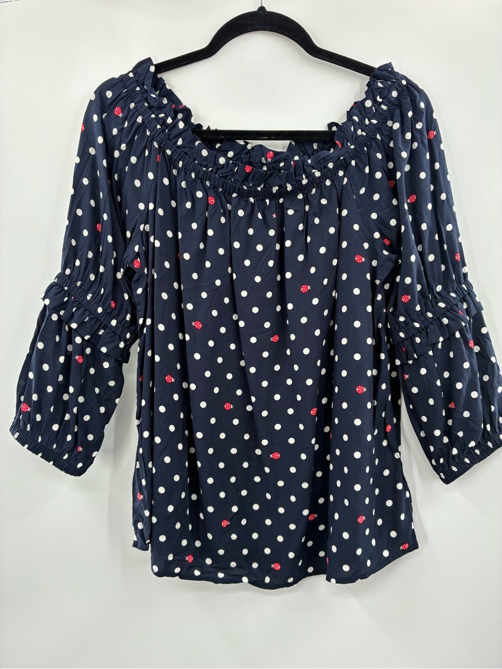 Crown & Ivy Navy Polka Dot Off-Shoulder Blouse with Red Accent size: Large